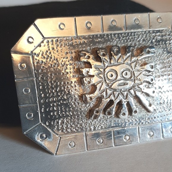Vintage Industria Peruana 900 Sterling Silver Square Pin Brooch Sun Tonatiuh - Picture 3 of 8